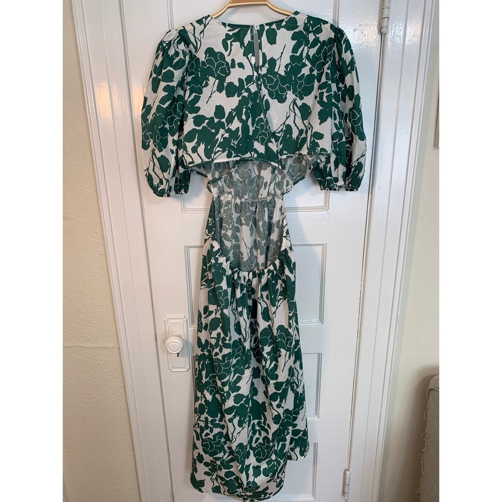 Green White Floral Garden Midi Wrap Dress Puff Sleeves Shea McGee Inspired SZ XL - Picture 16 of 16